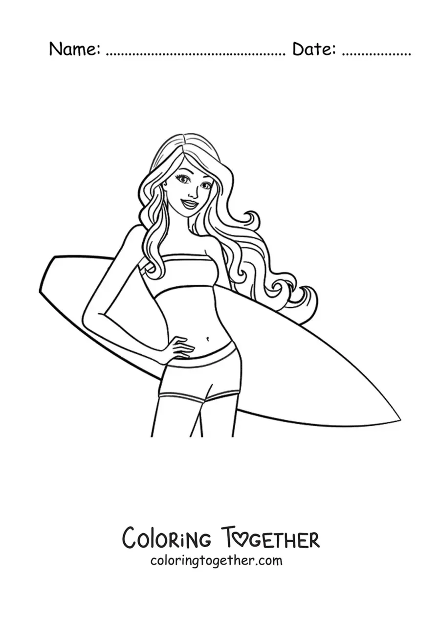 Coloring page of Barbie at the beach with a surfboard