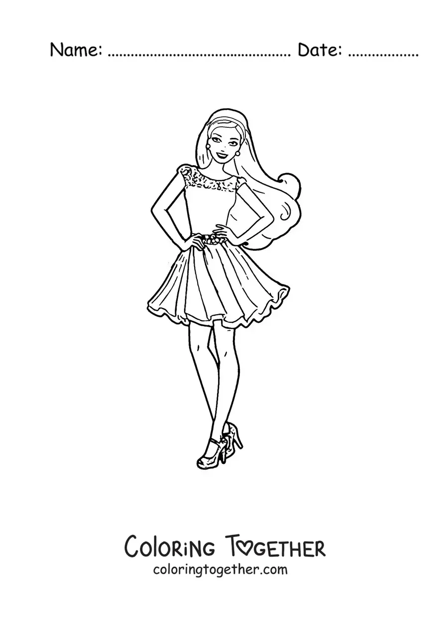 Coloring page of Barbie wearing a dress