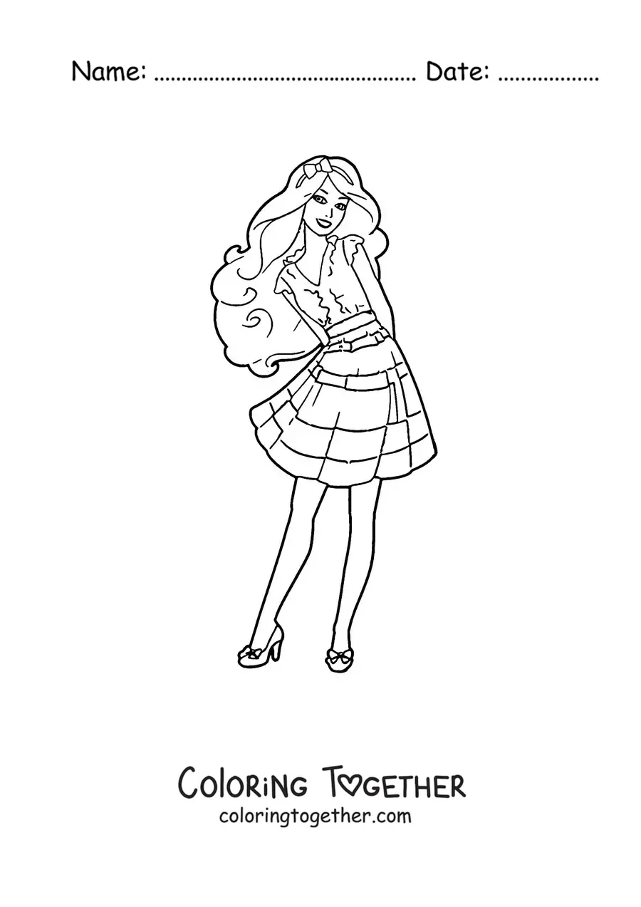 Coloring page of Barbie wearing a skirt