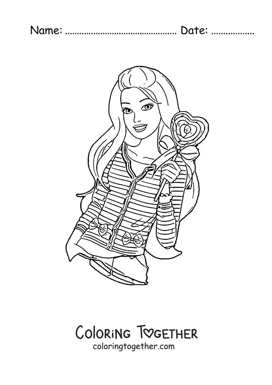 Coloring page of Barbie holding a heart-shaped lollipop
