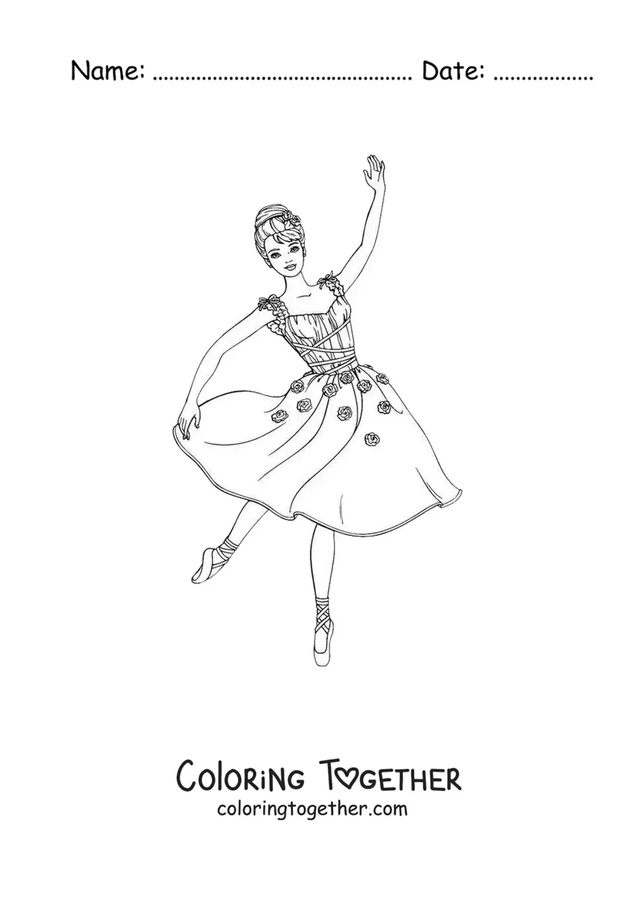 Coloring page of ballerina Barbie in a dress