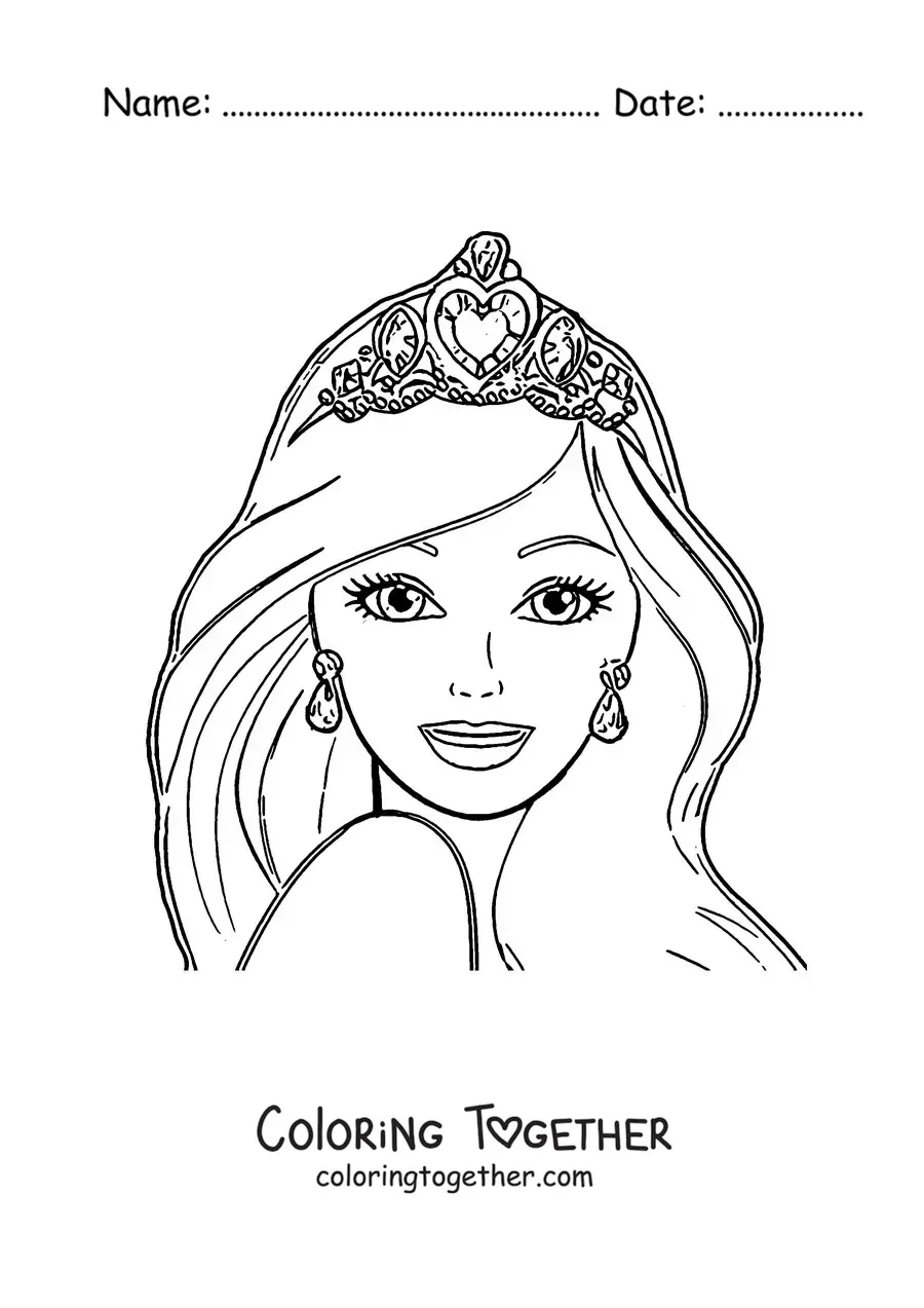 Coloring page of Barbie's face with a princess crown