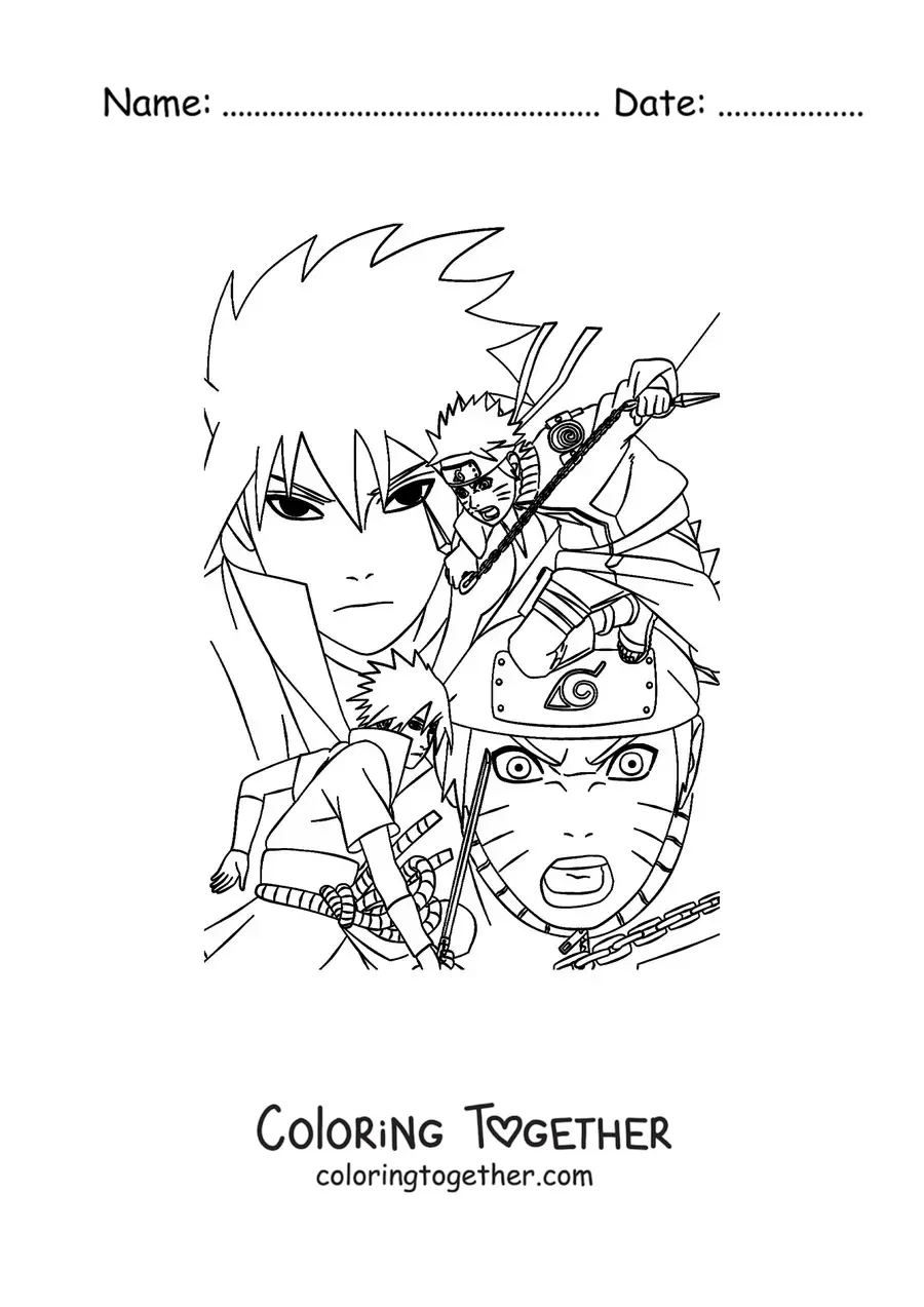 Coloring page of Sasuke facing off against Naruto