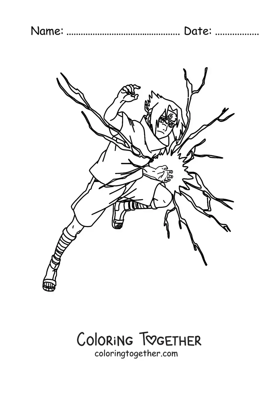 Coloring page of Sasuke performing the Chidori