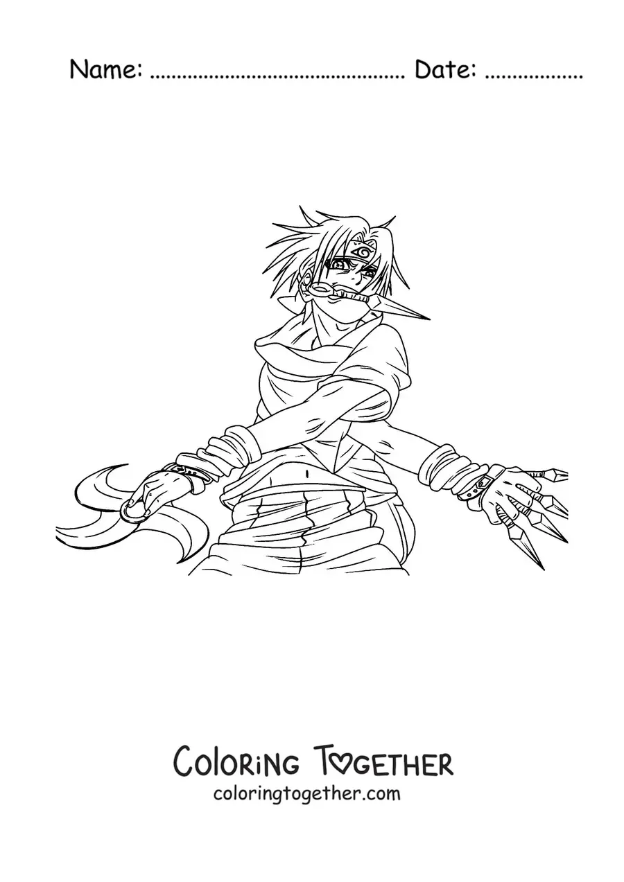 Coloring page of Sasuke with weapons