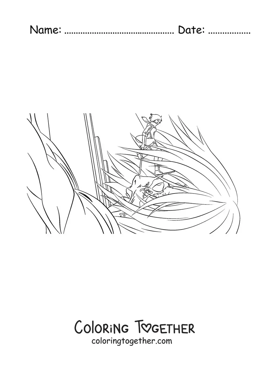 Coloring page of Mikasa from Attack On Titan defeating a titan