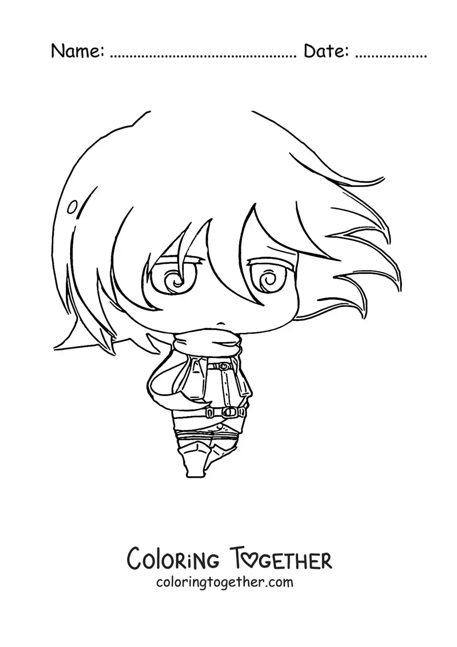 Coloring page of Mikasa from Attack On Titan in chibi style