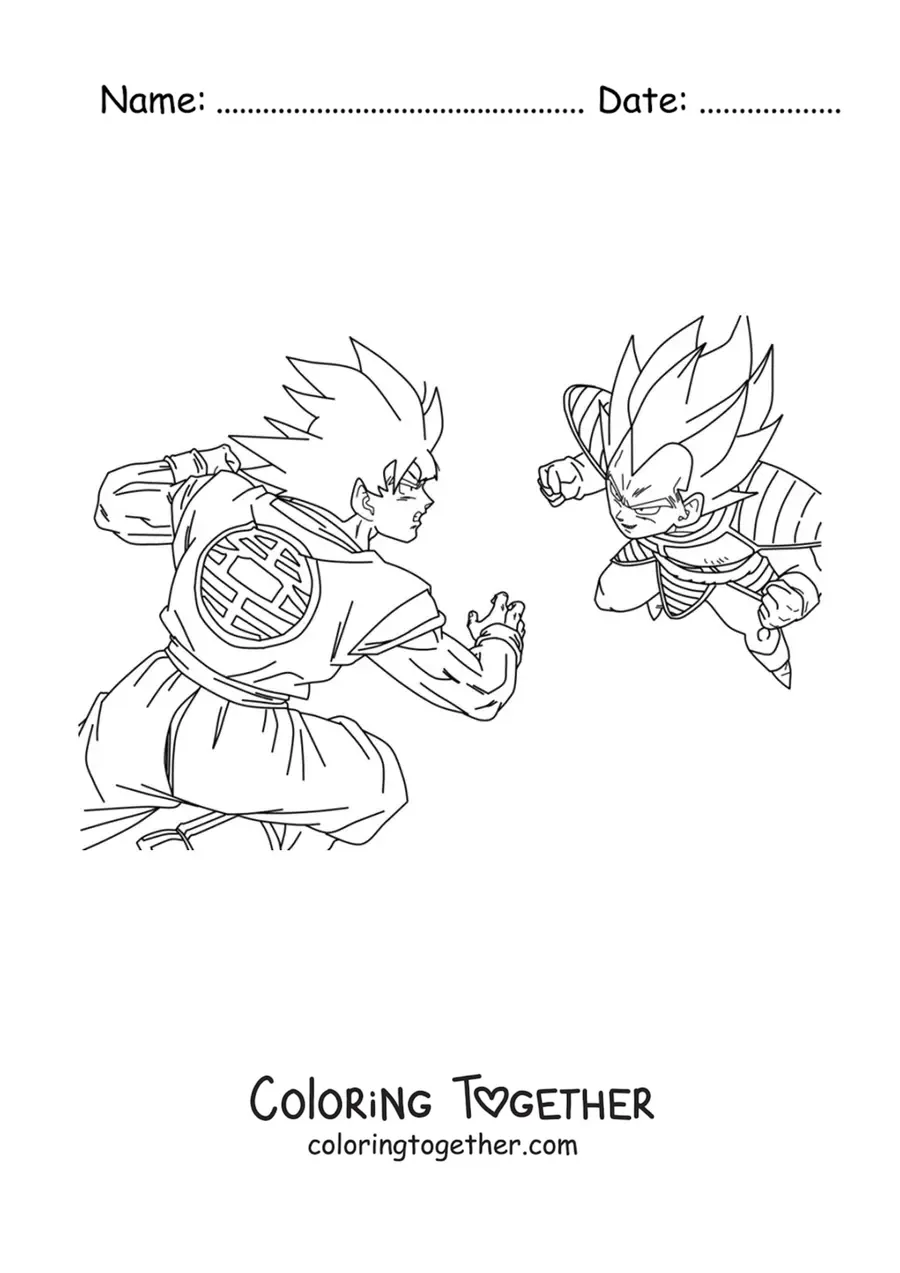 Coloring page of Goku facing off against Vegeta from Dragon Ball