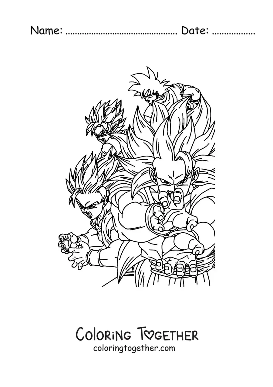 Coloring page of Goku's forms from Dragon Ball