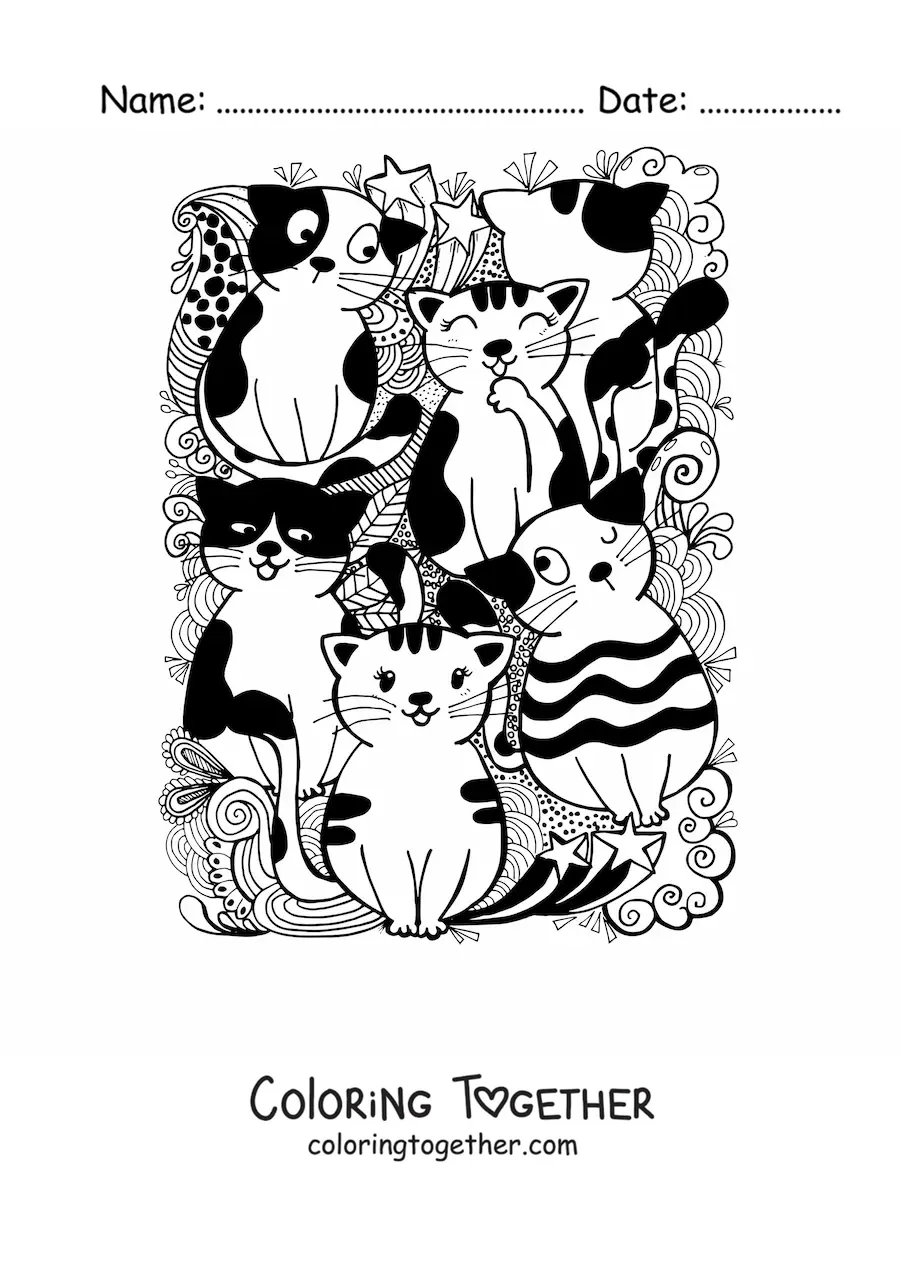 Coloring page of cartoon cats and doodles
