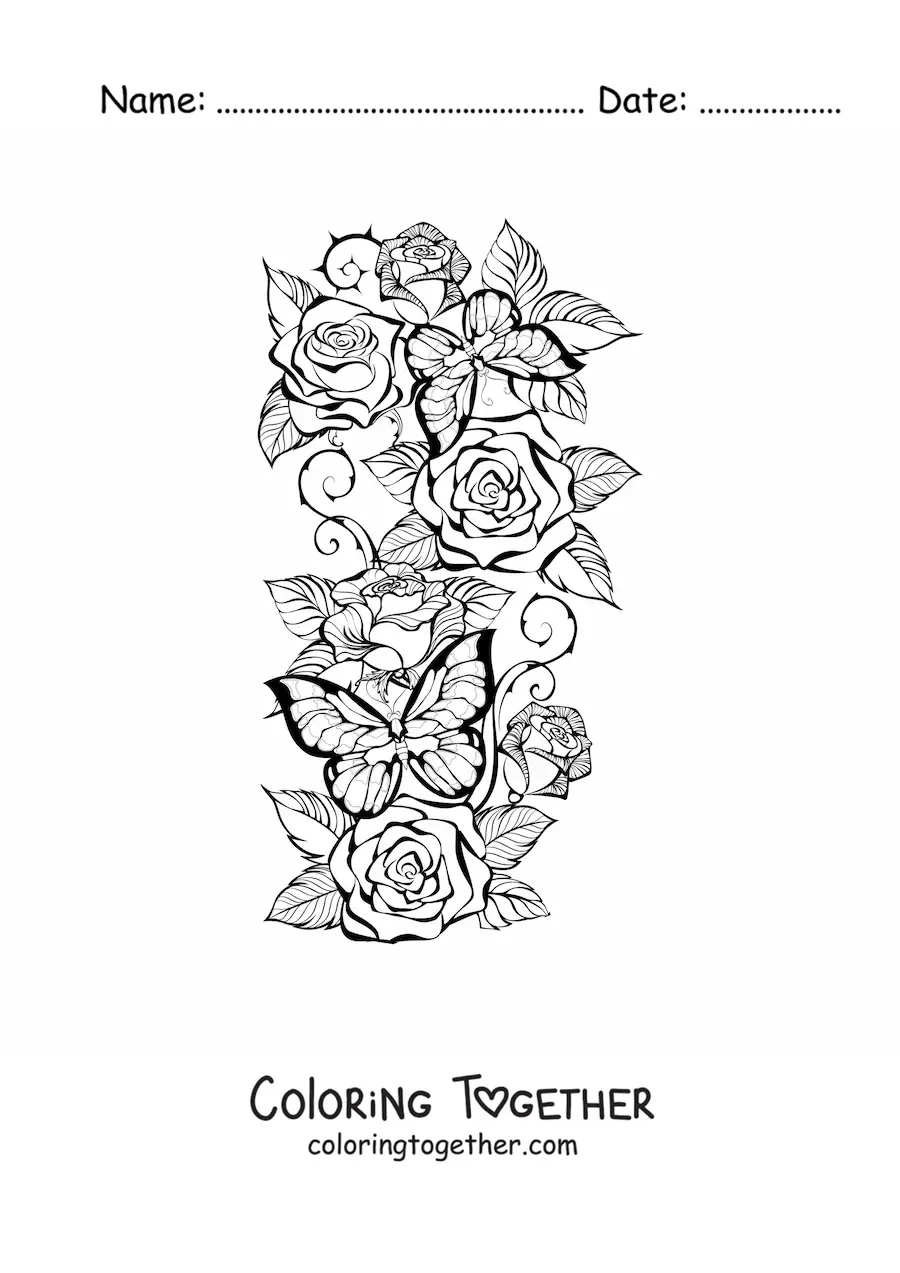 Coloring page of several beautiful roses with two butterflies