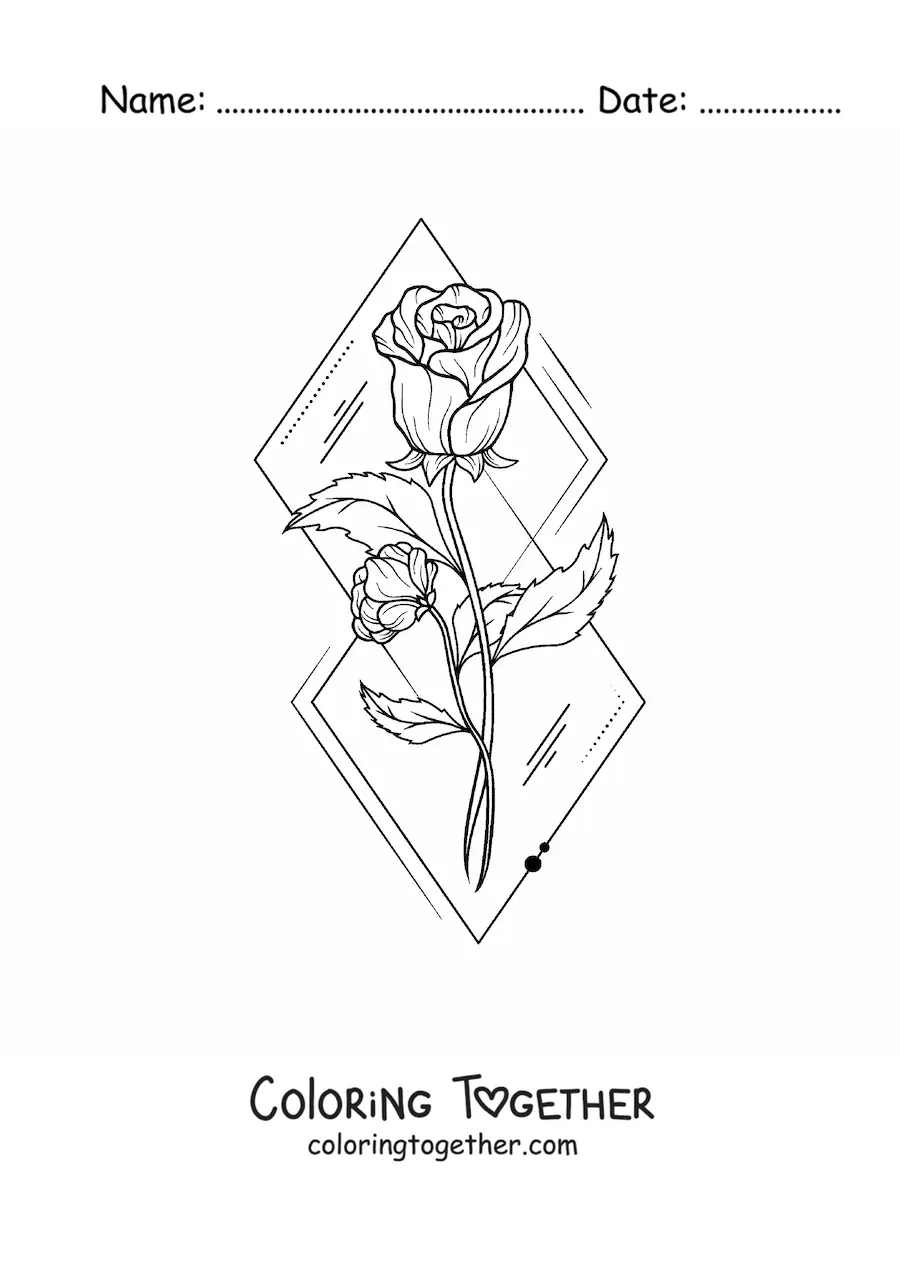 Coloring page of two beautiful roses with leaves