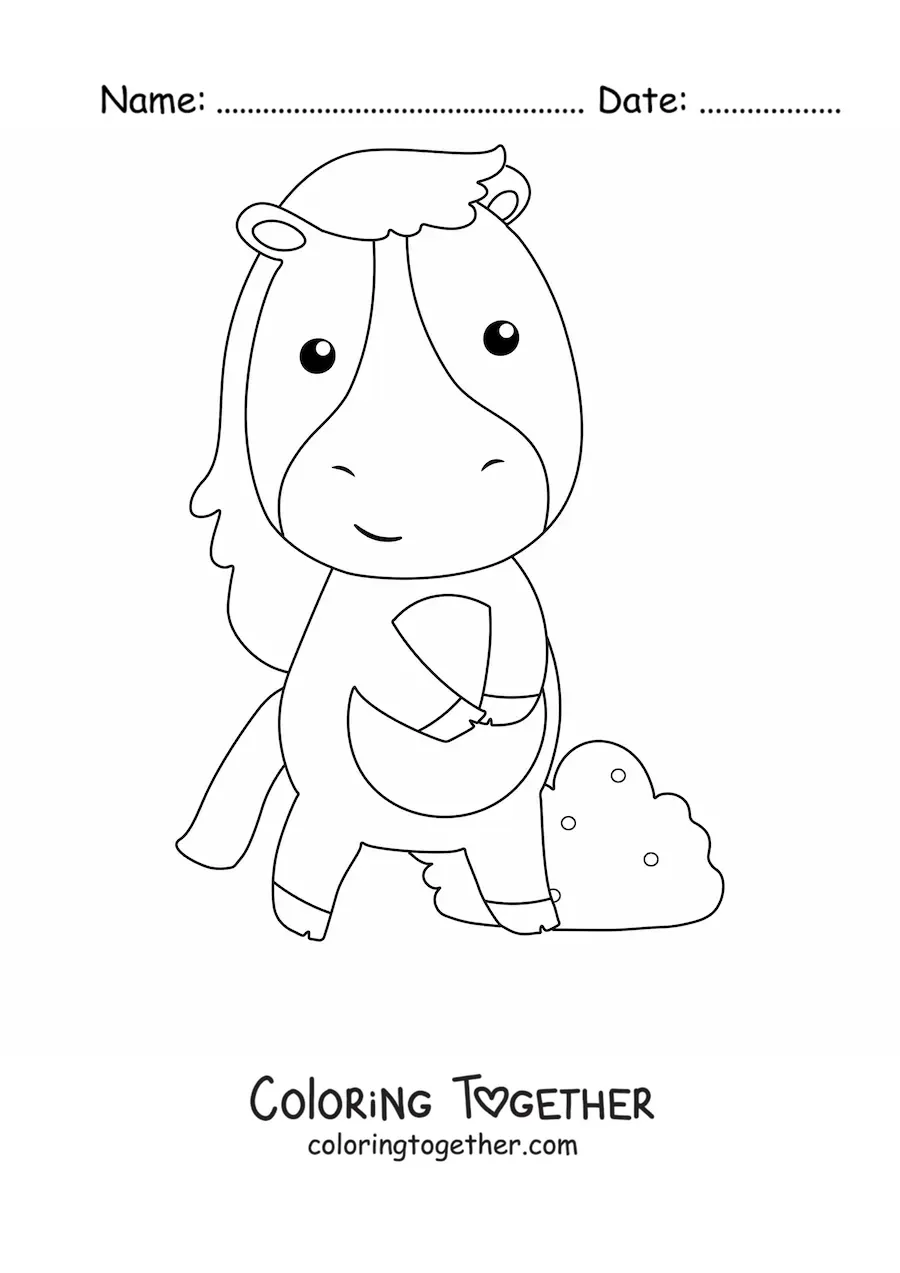 Coloring page of a kawaii cartoon horse with a bush in the background