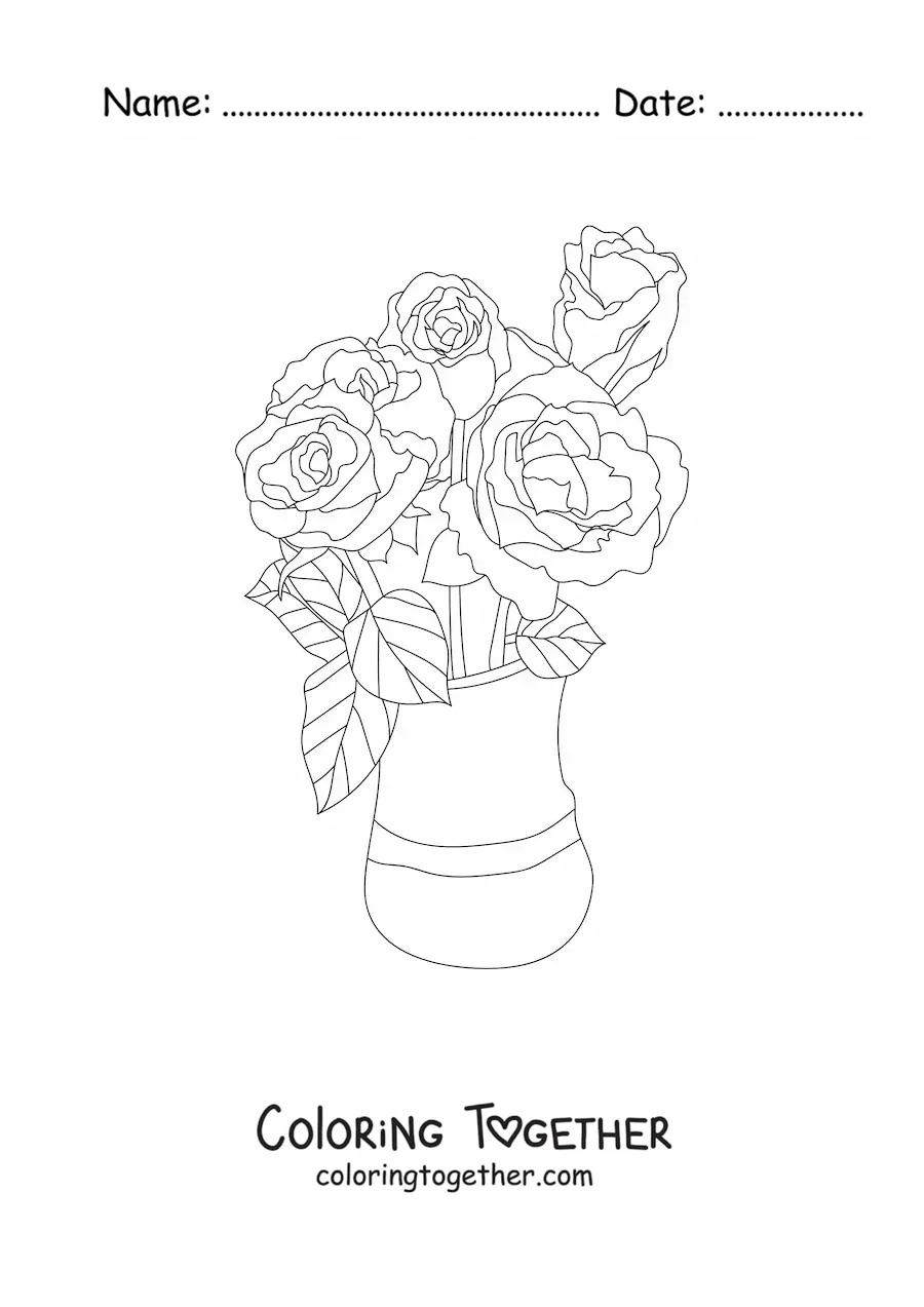 Coloring page of a vase with beautiful roses