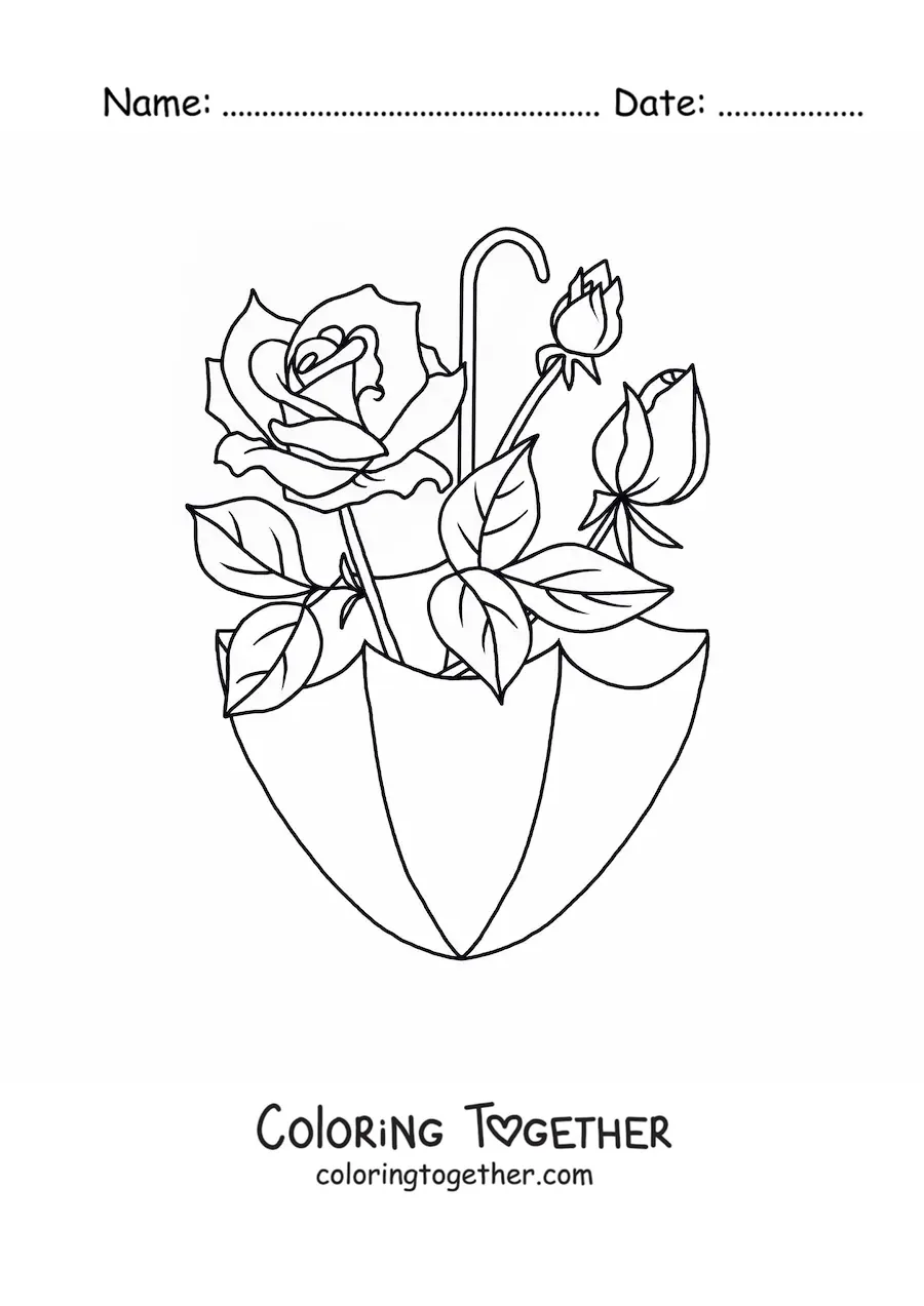 Coloring page of a rose and two rosebuds inside a parasol
