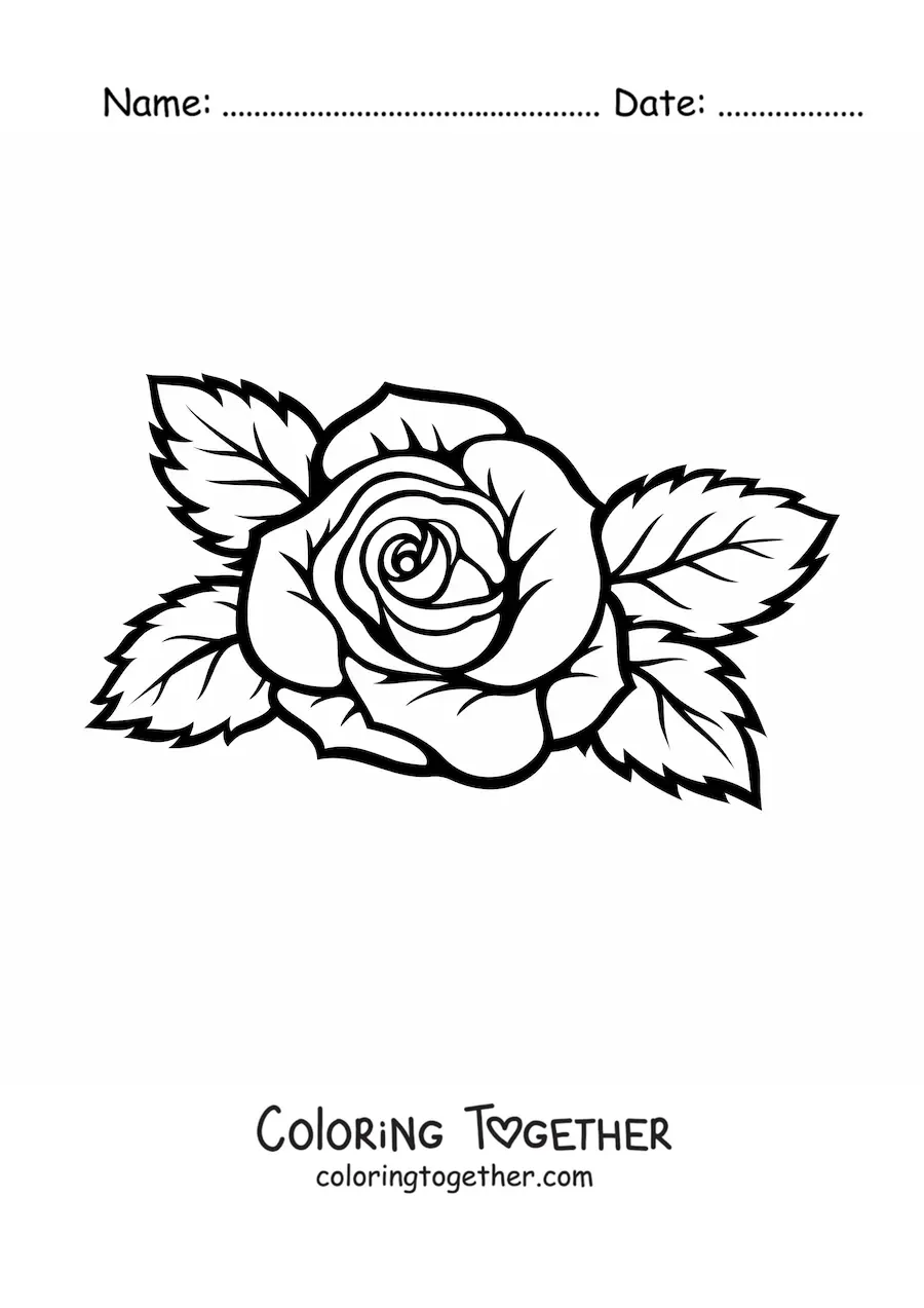 Coloring page of a large simple rose with leaves