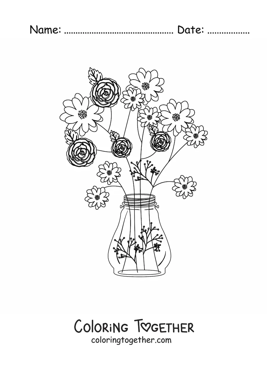 Coloring page of a vase with four roses and other flowers
