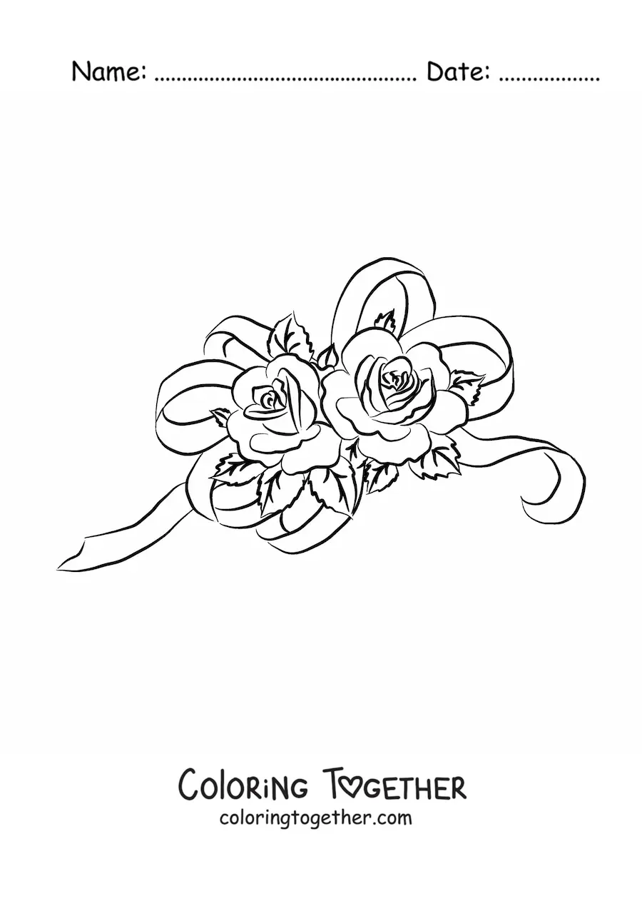 Coloring page of two pretty roses with a bow