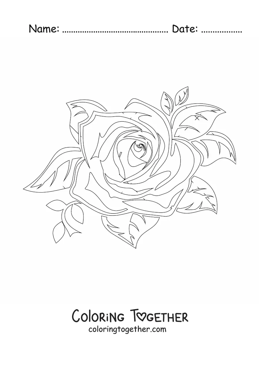 Coloring page of a large realistic rose with leaves