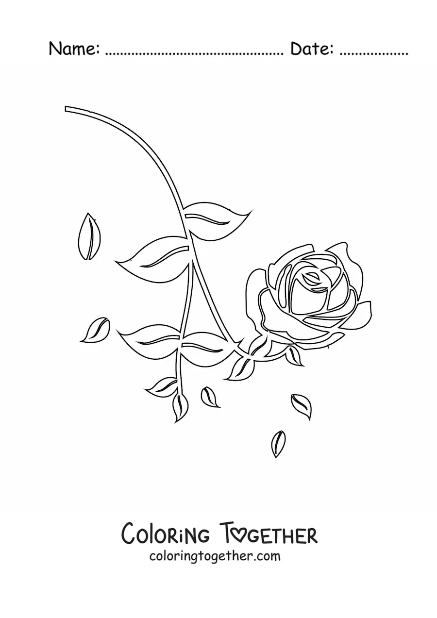 Coloring page of a small rose with leaves