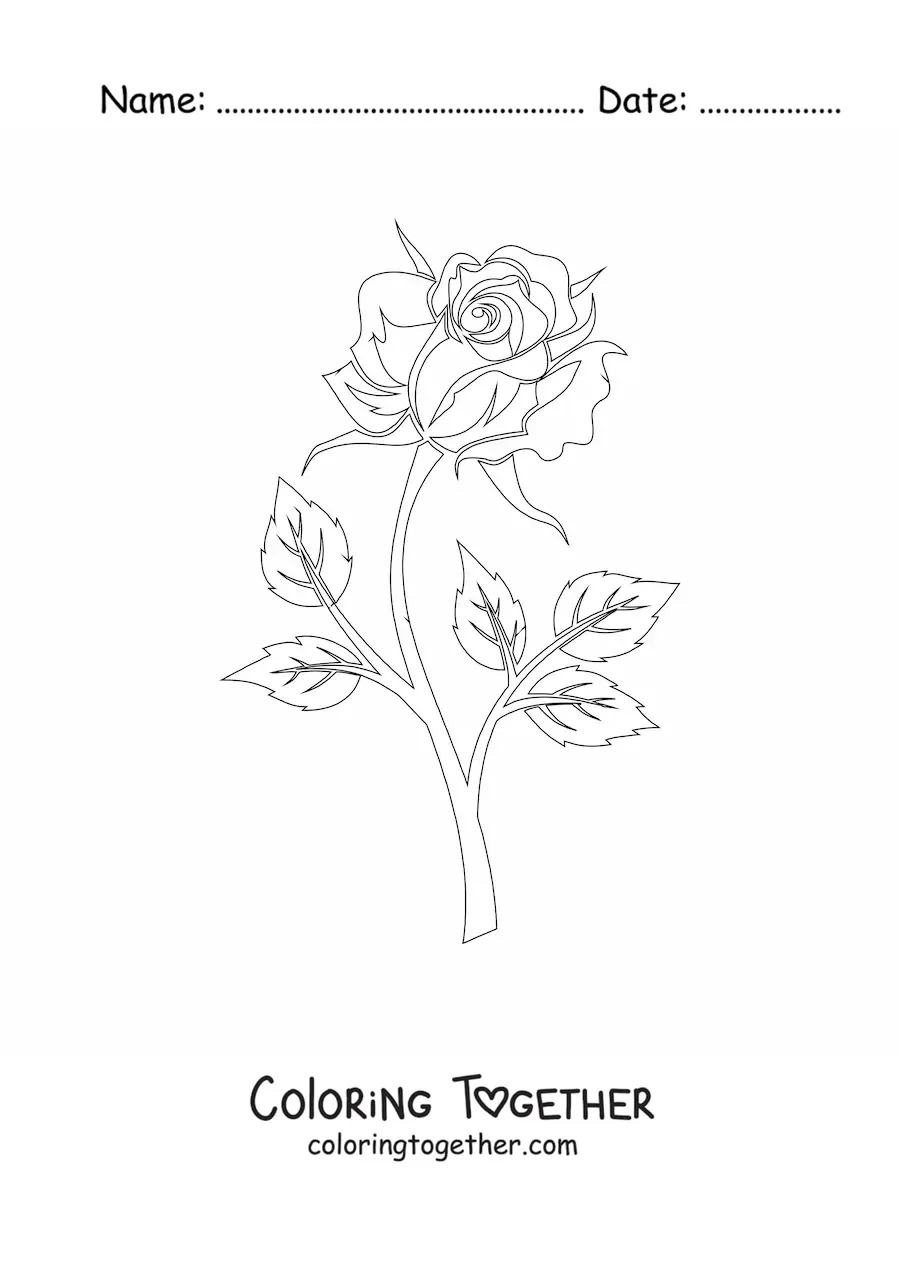 Coloring page of a rose with a stem