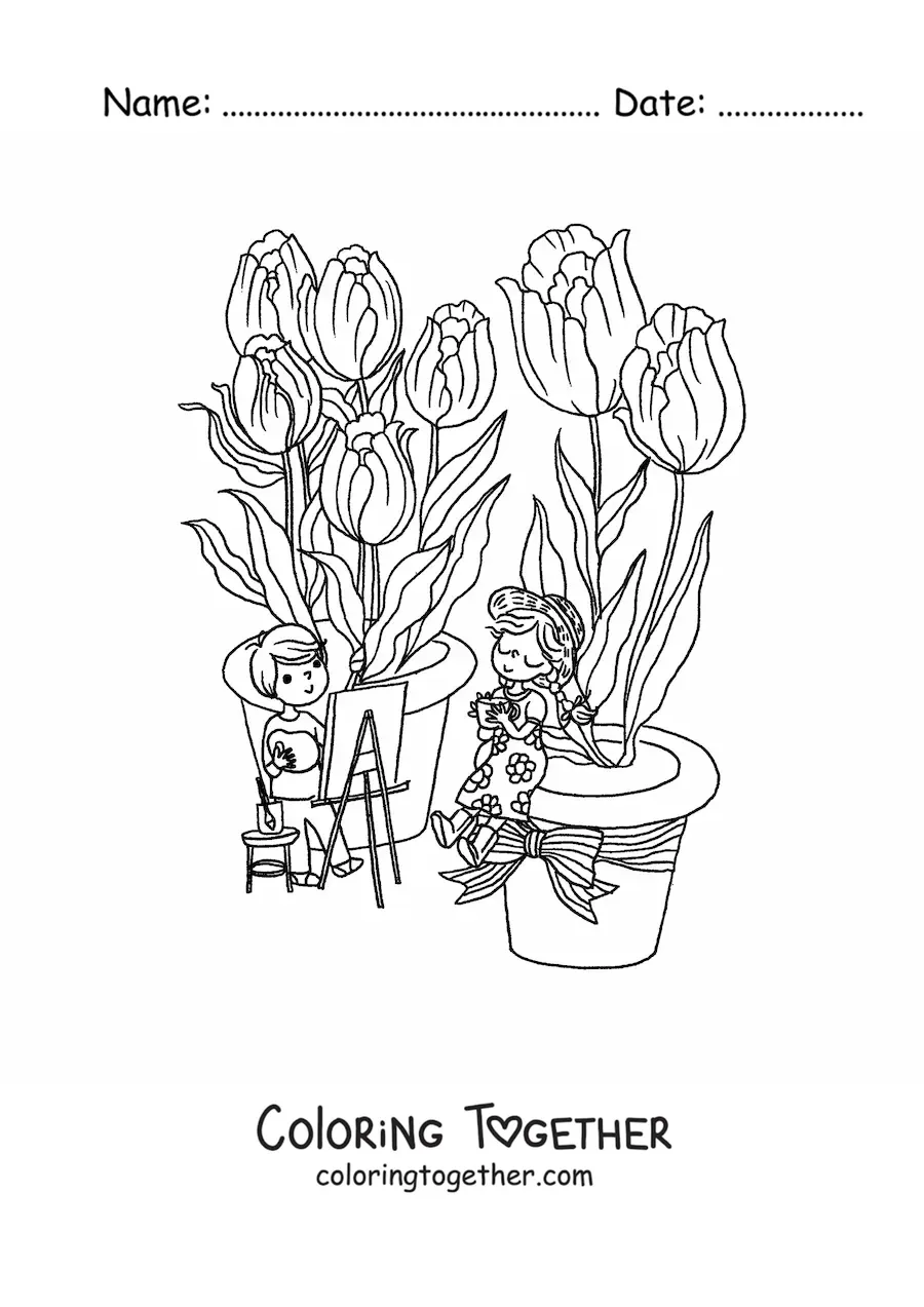 Coloring page of several tulips and two kawaii children