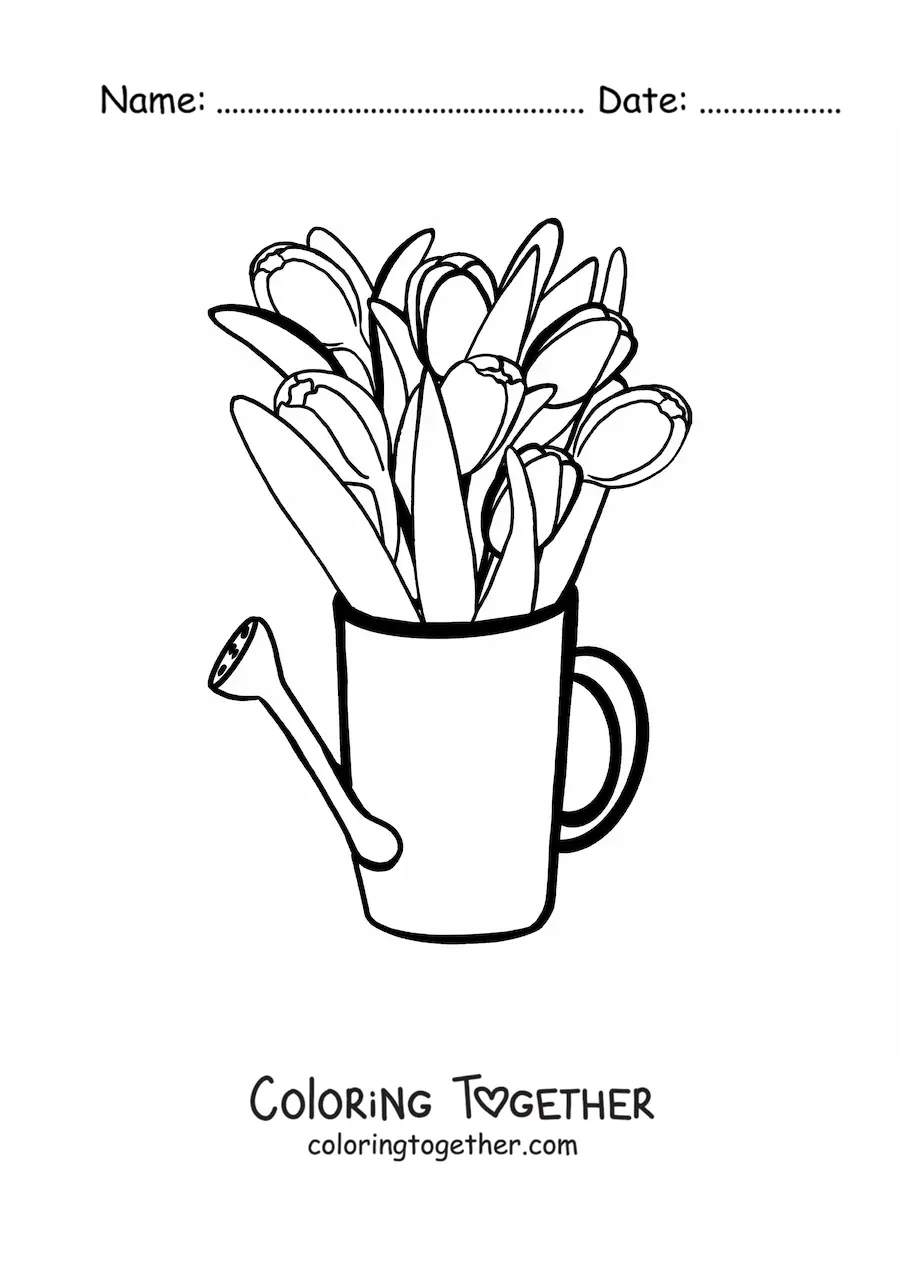Coloring page of a bouquet of tulips in a watering can