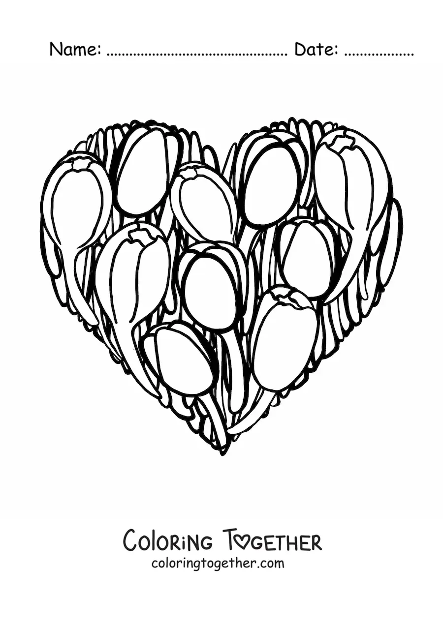 Coloring page of a heart of tulips