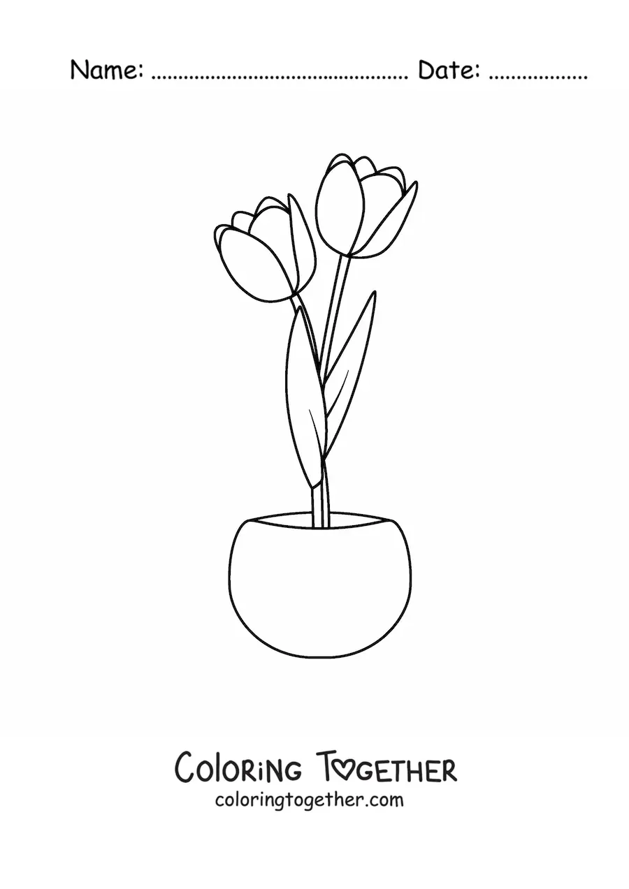 Coloring page of two tulips in a flowerpot
