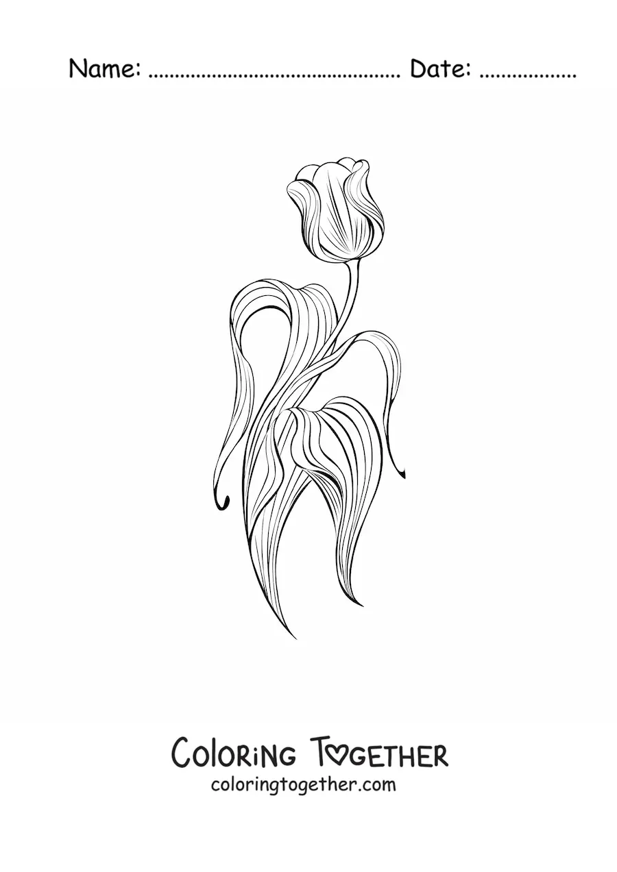 Coloring page of a tulip with leaves