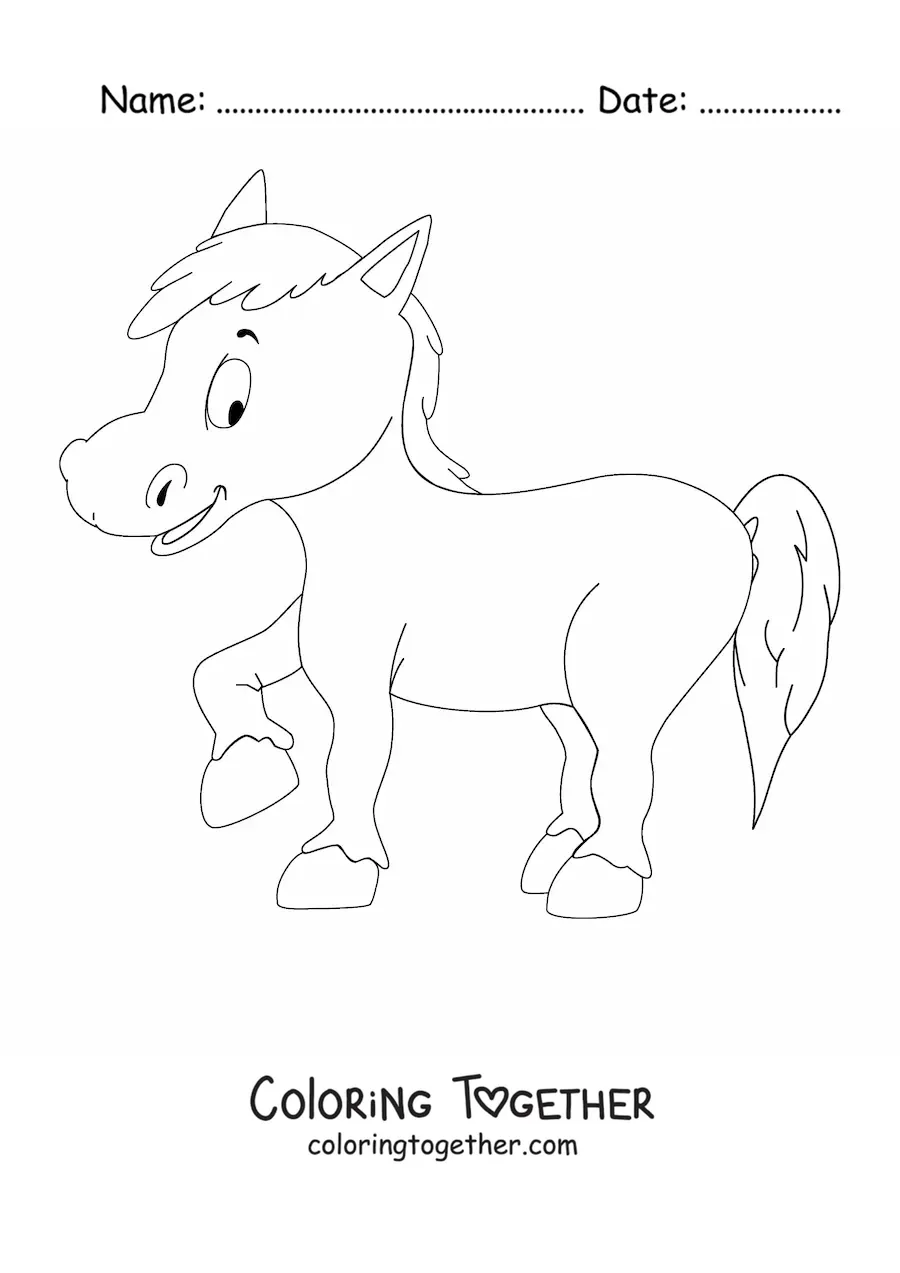 Coloring page of a cartoon horse lifting one leg