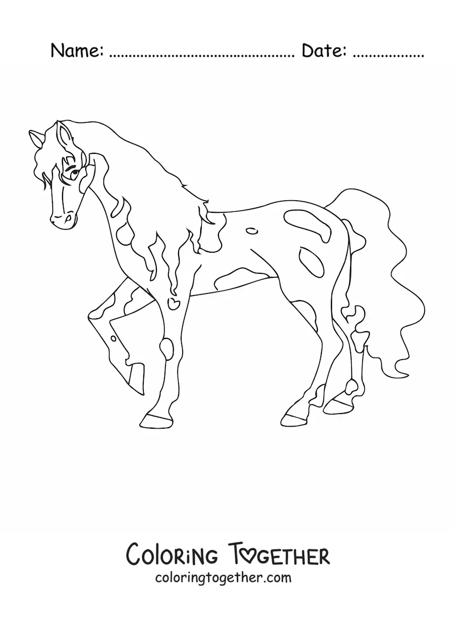 Coloring page of a spotted horse lifting one leg