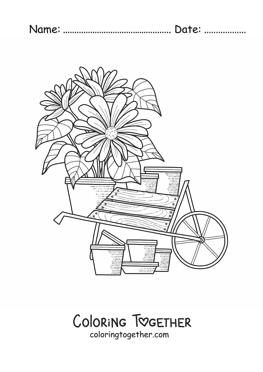 Coloring page of a cart with daisies