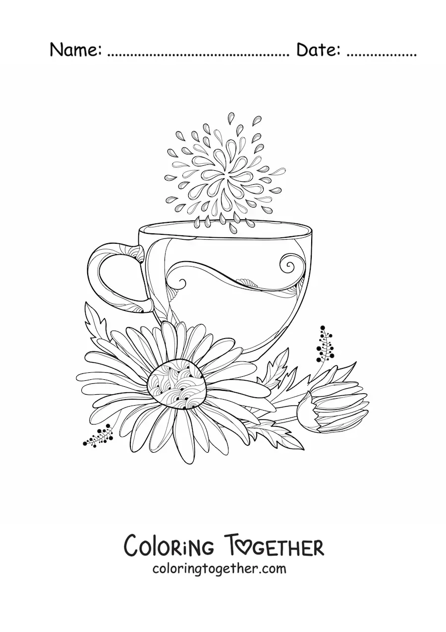 Coloring page of a teacup with a daisy