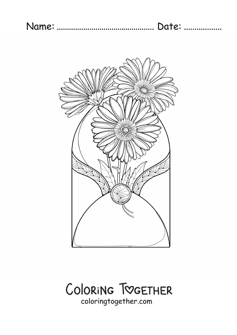 Coloring page of an envelope with daisies