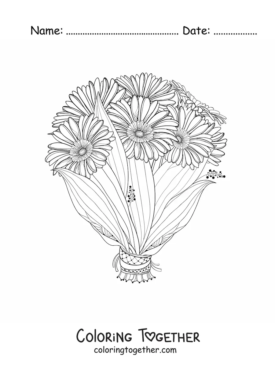 Coloring page of a bouquet of daisies with leaves