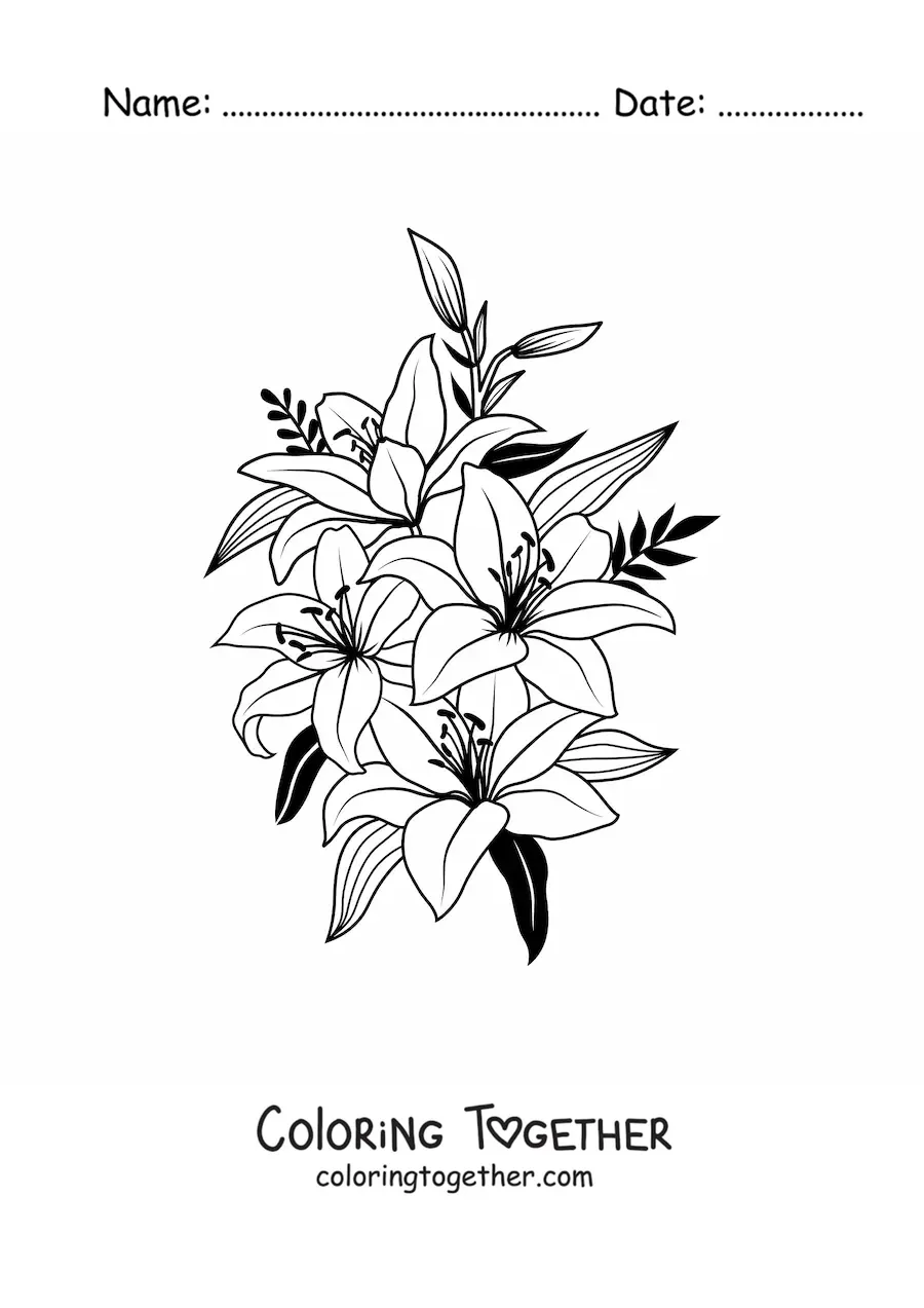 Coloring page of several beautiful lilies with leaves