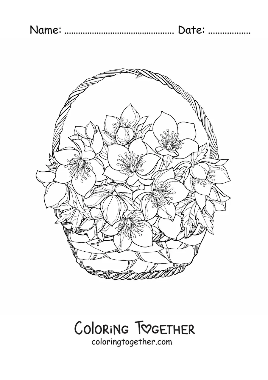 Coloring page of a basket full of lilies