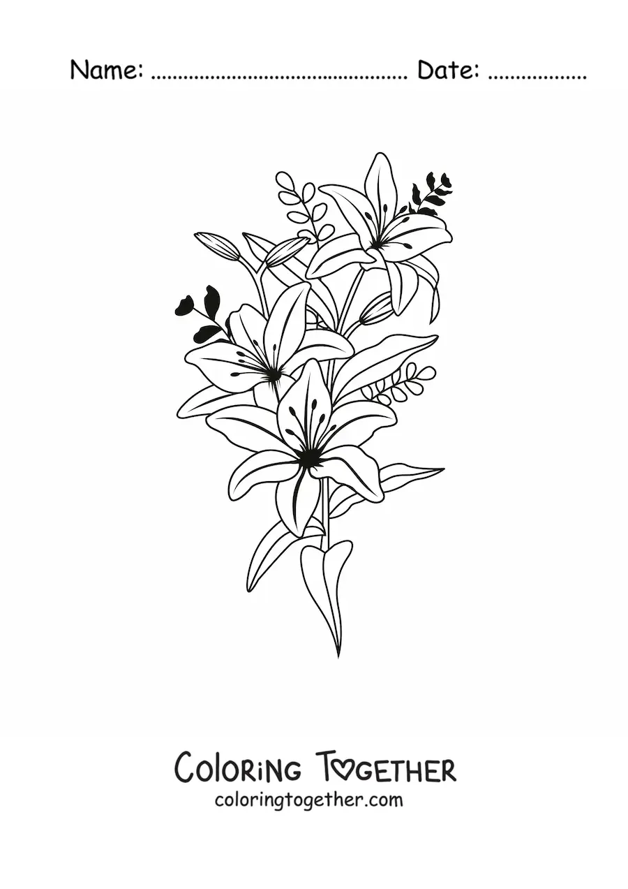 Coloring page of three beautiful lilies with leaves