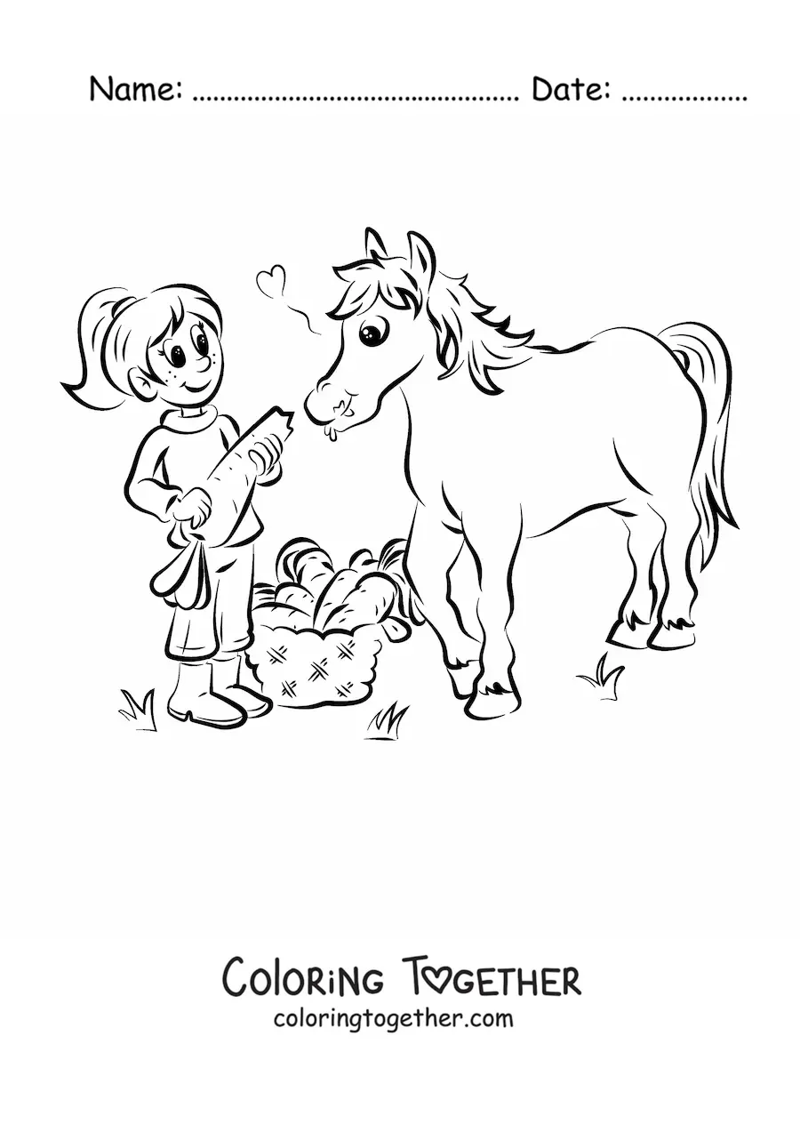 Coloring page of a girl feeding a horse a huge carrot