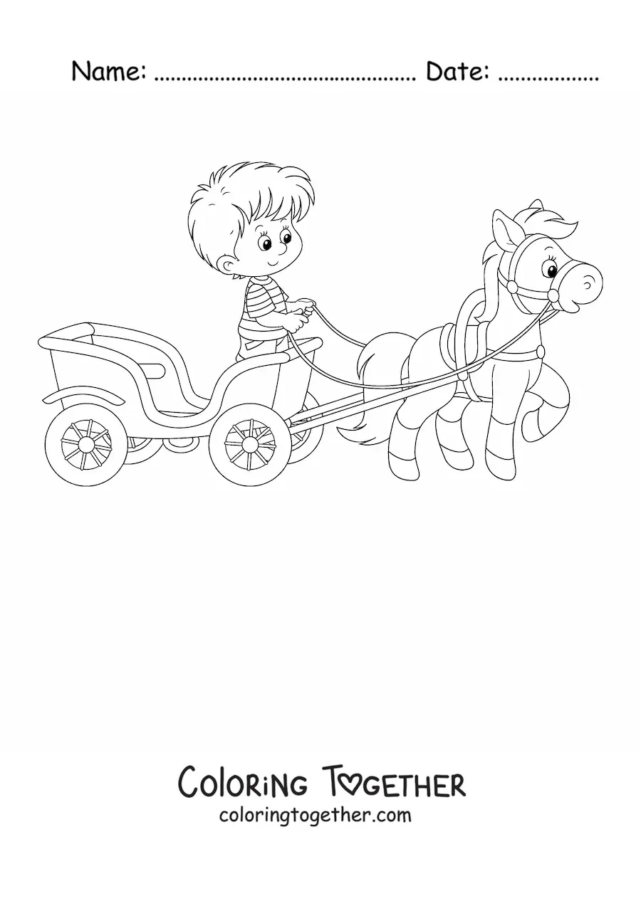 Coloring page of a boy on a carriage pulled by a horse