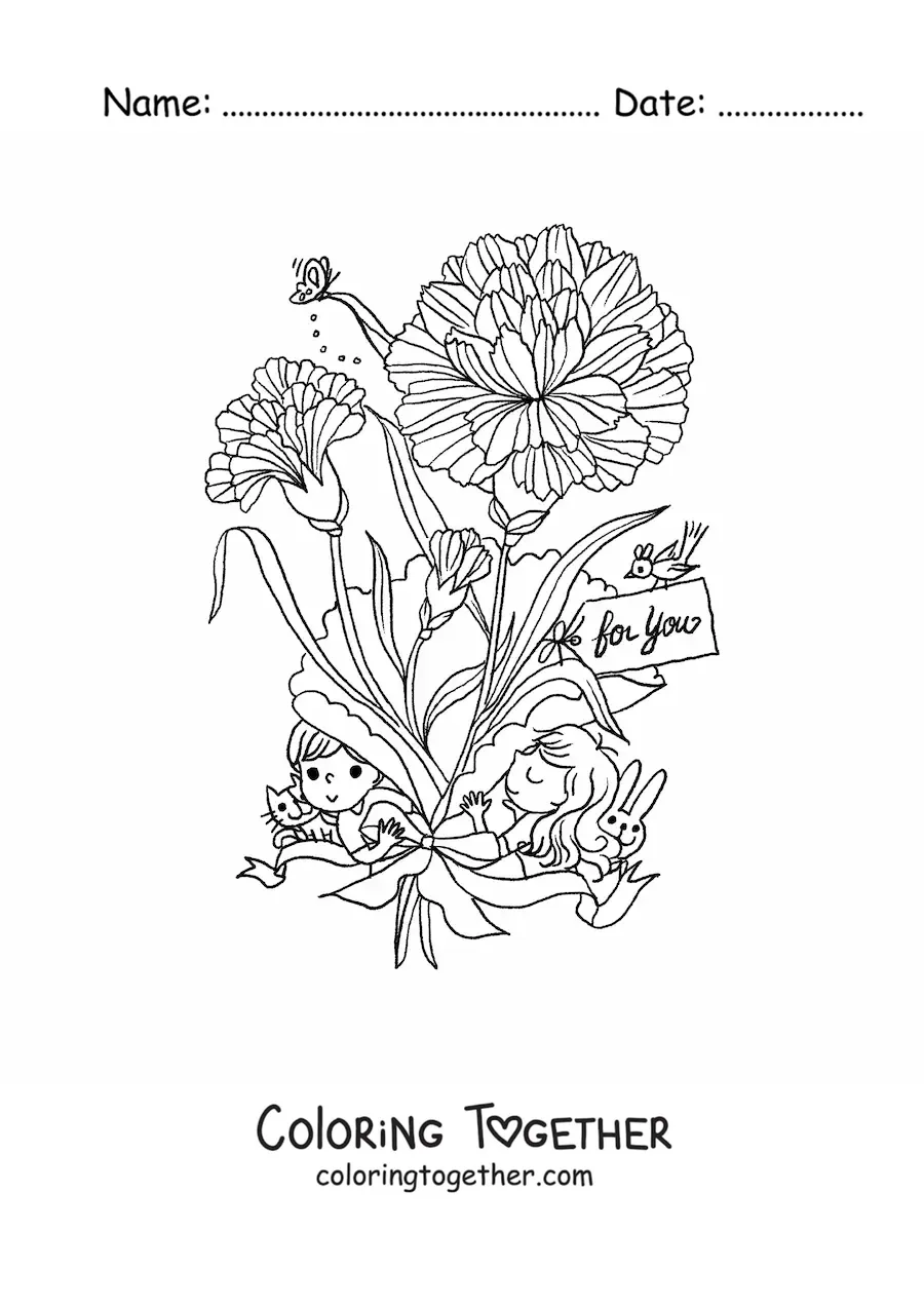 Coloring page of carnations with kawaii kids