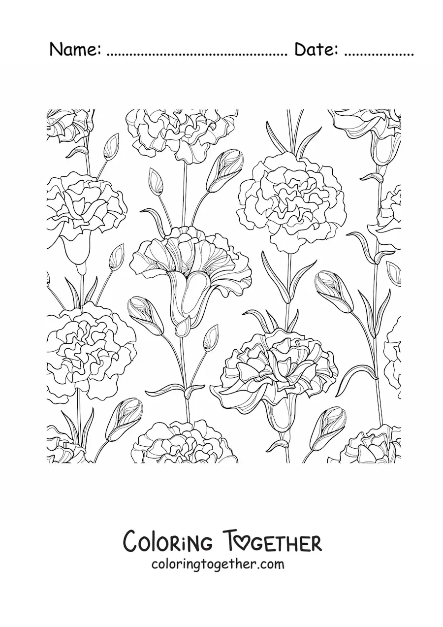Coloring page of several beautiful carnations