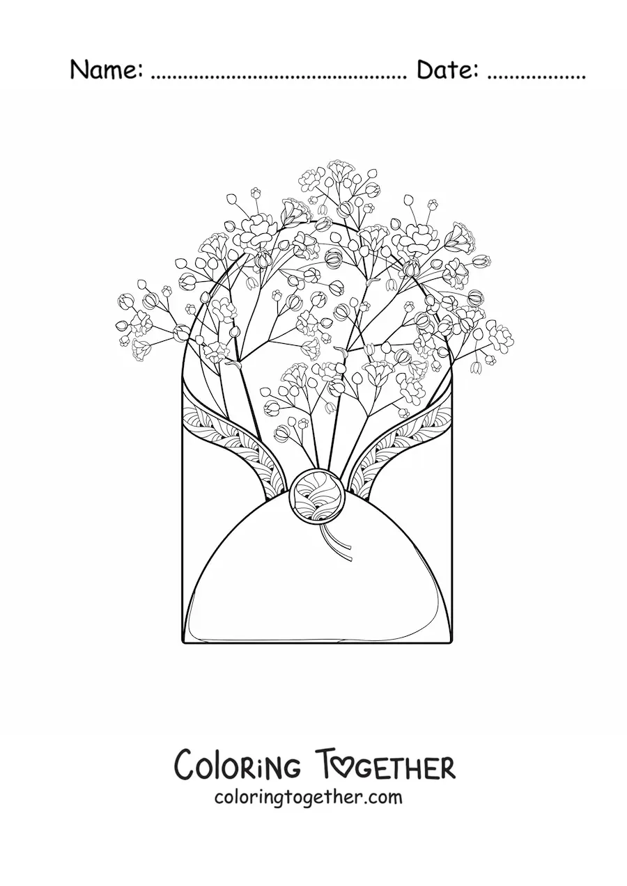 Coloring page of an envelope with carnations