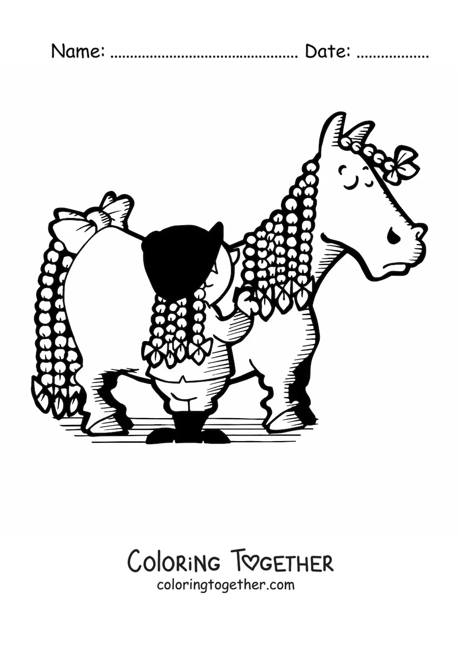 Coloring page of a girl with braids brushing the long braided mane of a horse