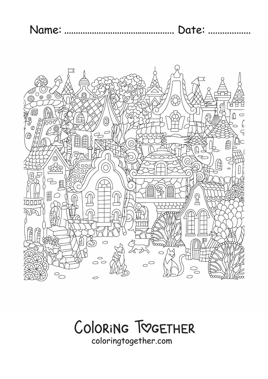 Coloring page of several pretty houses