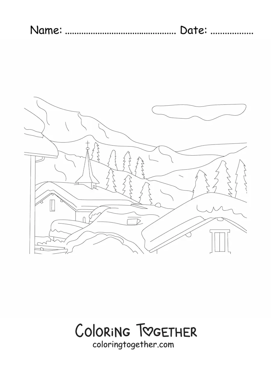 Coloring page of a landscape of snowy houses