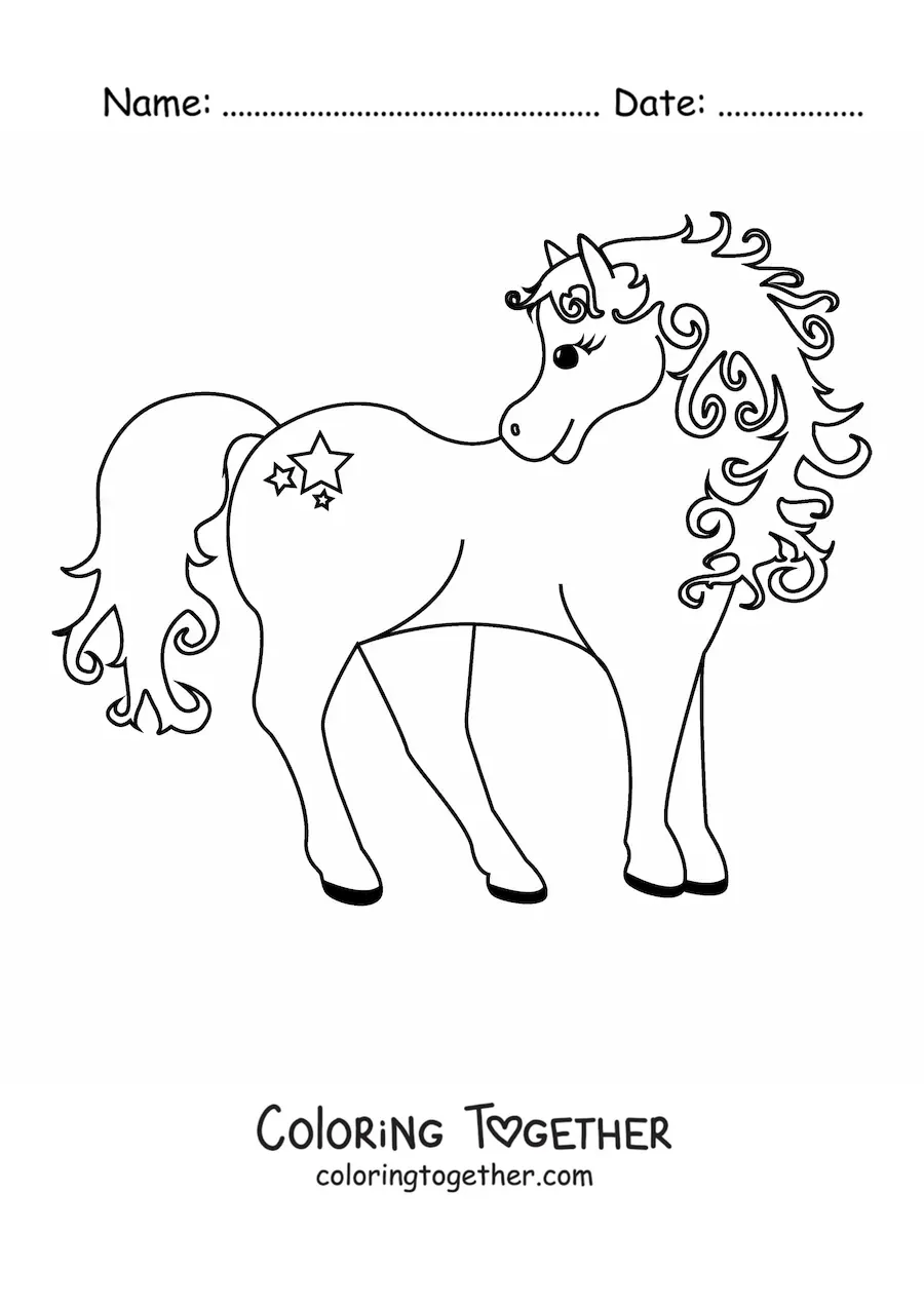 Coloring page of a pony looking back with a star on its thigh