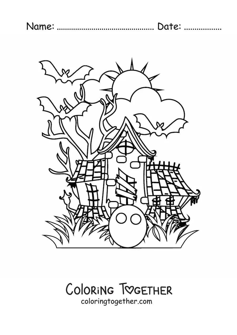 Coloring page of a haunted house at night