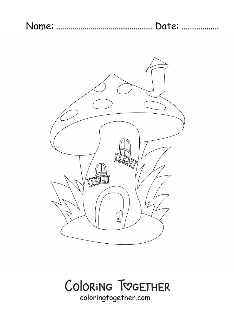 Coloring page of a mushroom-shaped gnome house with a chimney
